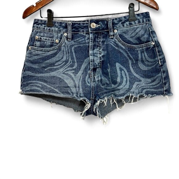 Aeropostale Jean Short Women Size 4 Blue Printed Boyfriend Cutoff Button Fly - Picture 1 of 16